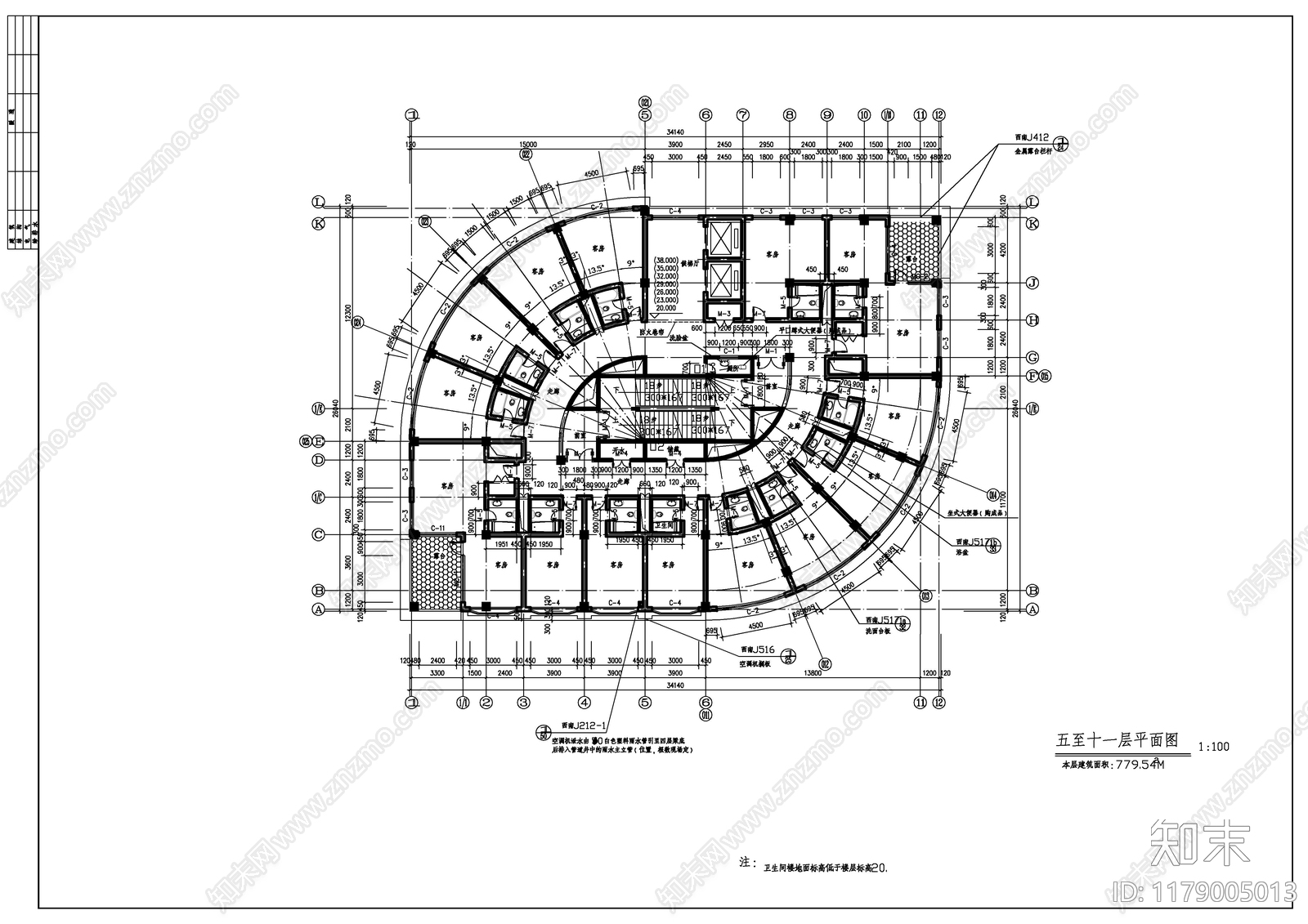 现代酒店建筑cad施工图下载【ID:1179005013】