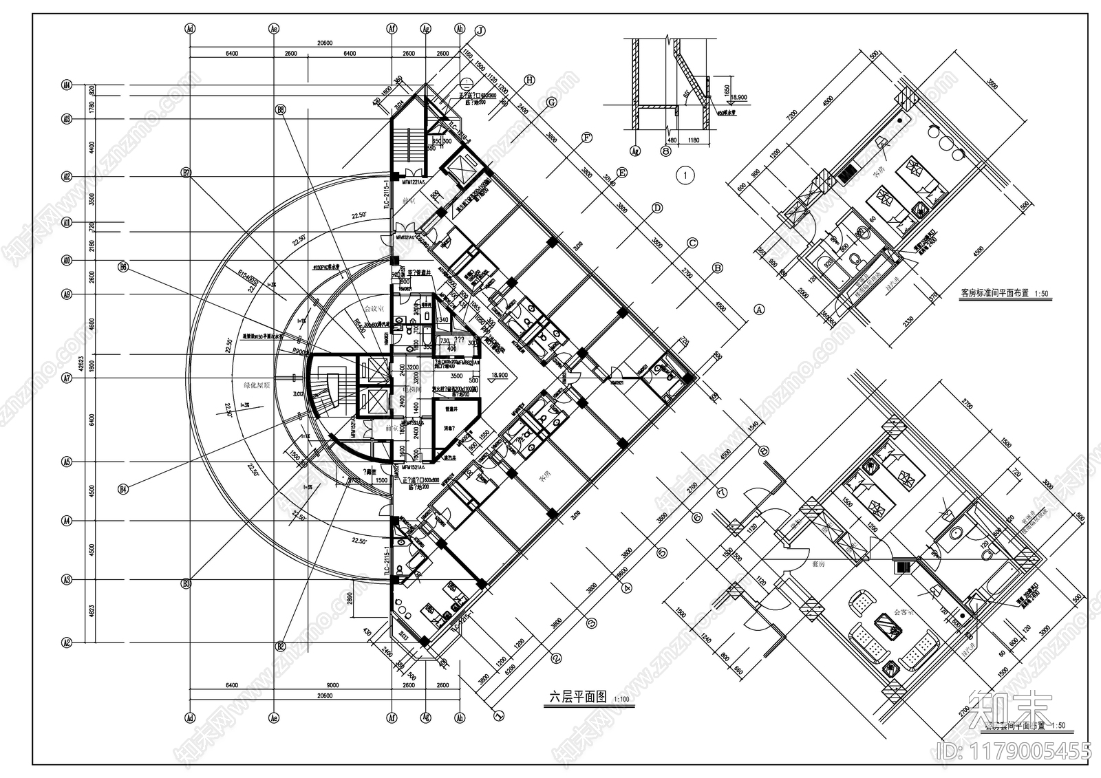 现代酒店建筑cad施工图下载【ID:1179005455】