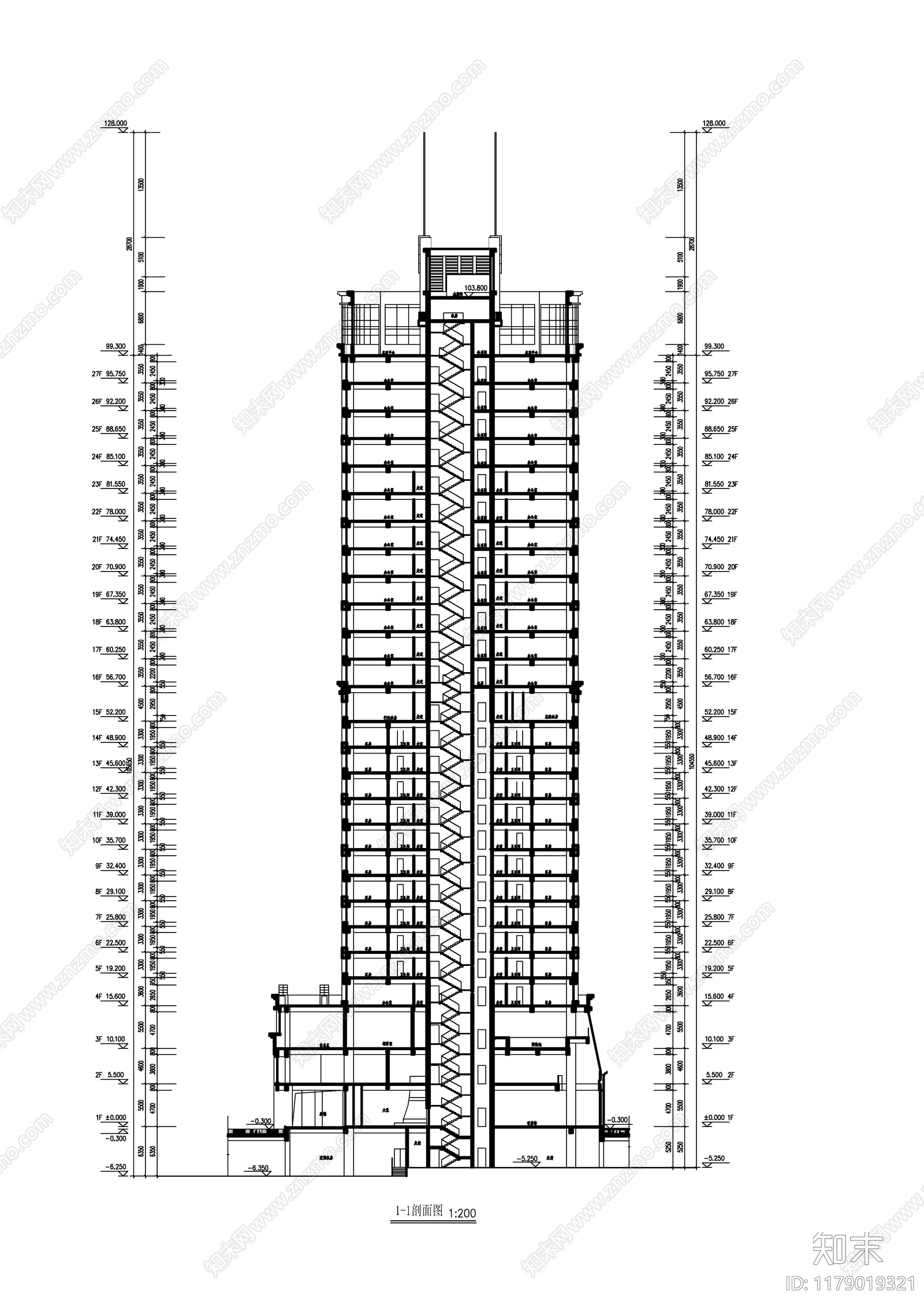 现代酒店建筑cad施工图下载【ID:1179019321】