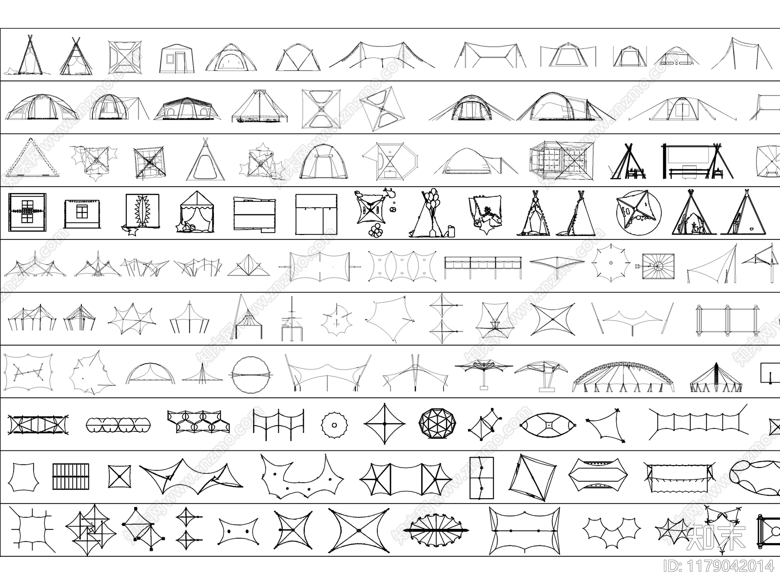 2025年最新超全露营帐篷张拉膜遮阳棚CAD图库施工图下载【ID:1179042014】