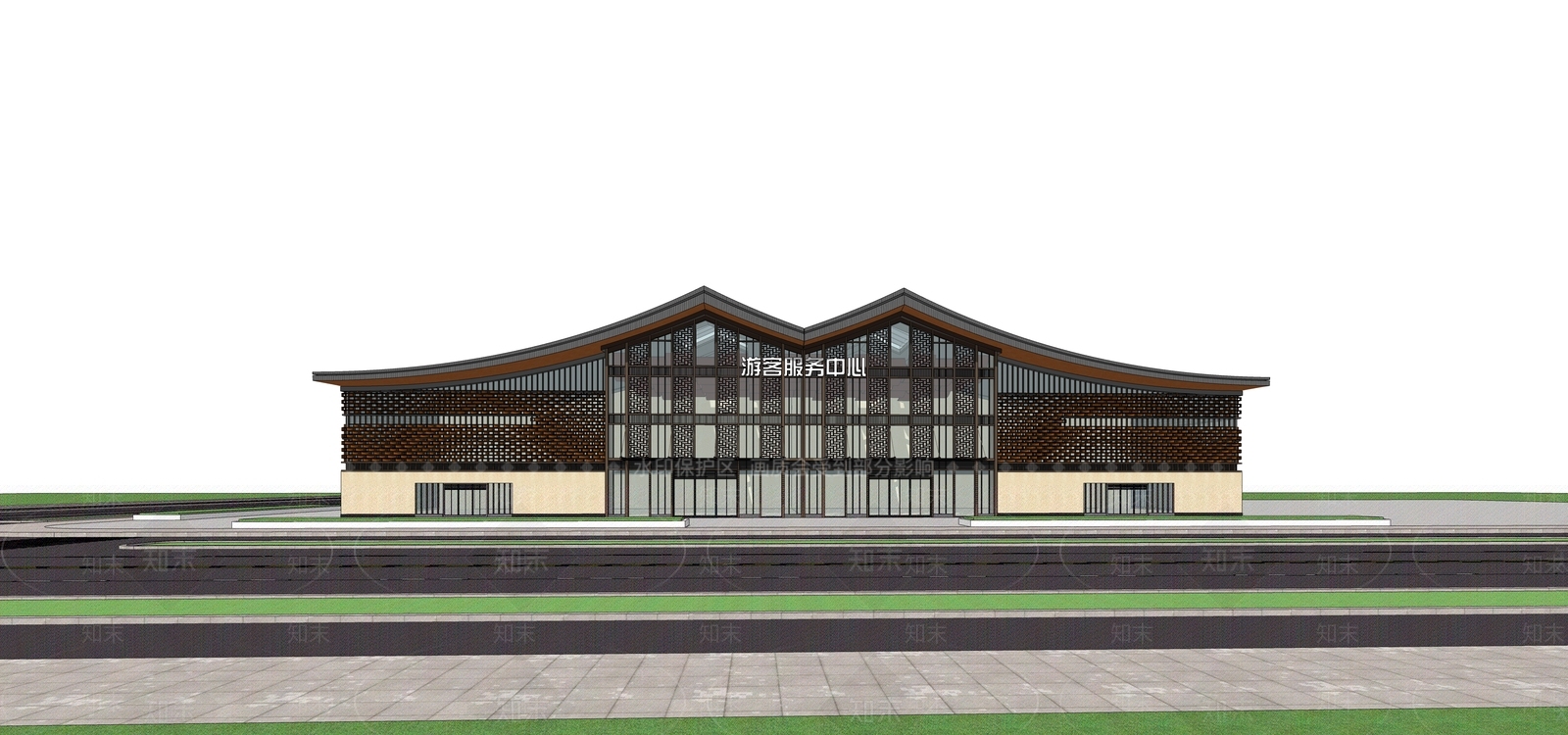 现代新中式展览馆建筑SU模型下载【ID:1179043145】