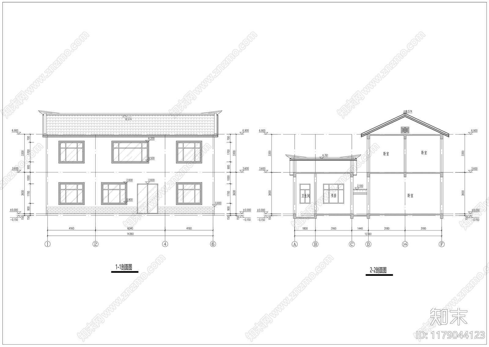 中式别墅建筑施工图下载【ID:1179044123】