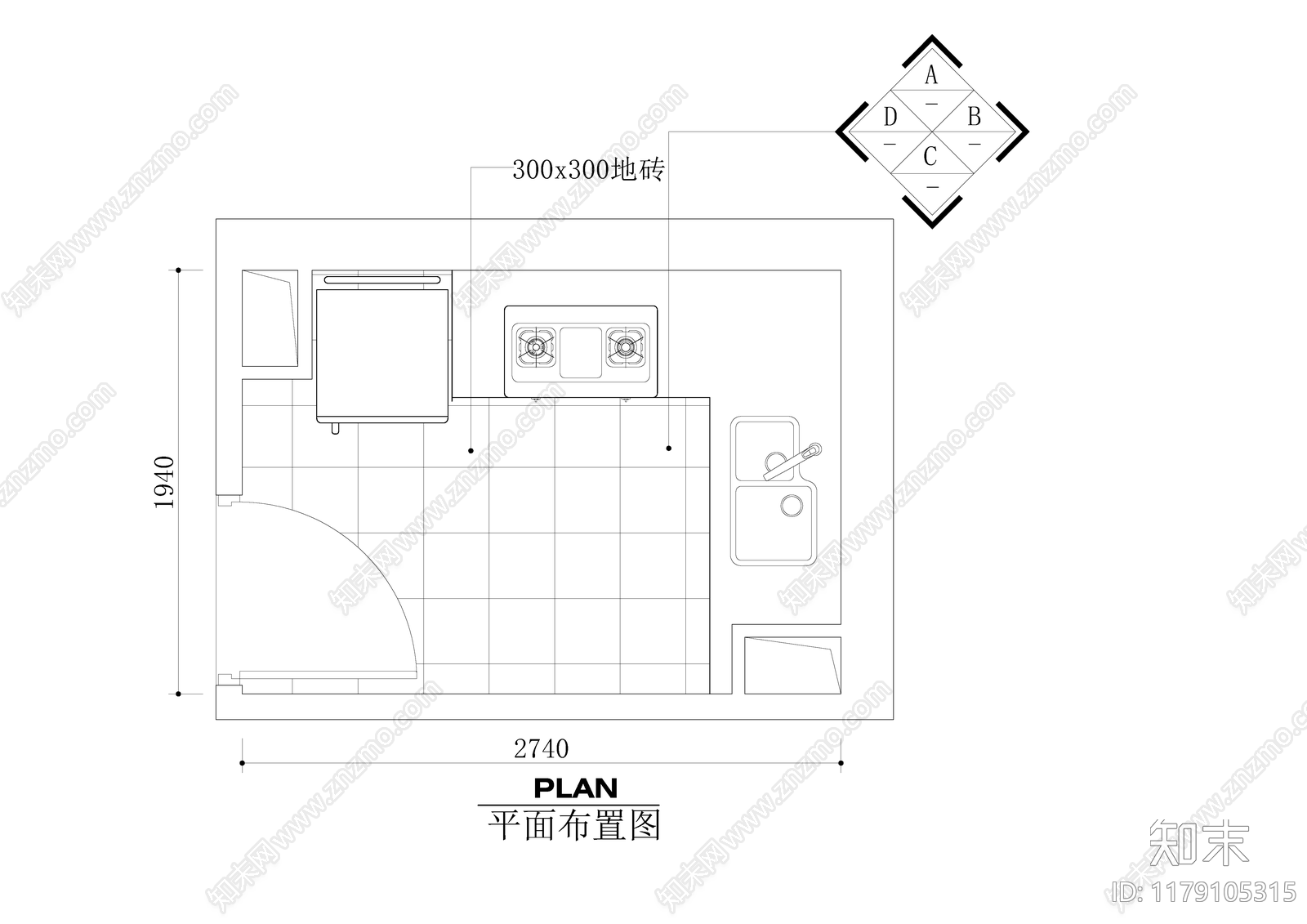 现代厨房cad施工图下载【ID:1179105315】