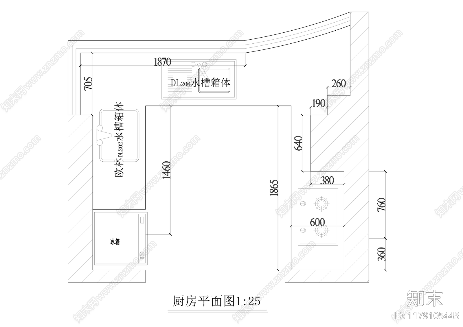 现代厨房施工图下载【ID:1179105445】