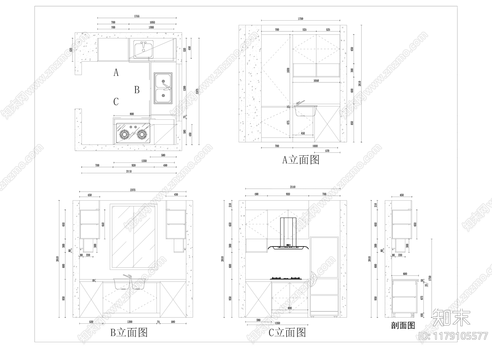 现代厨房cad施工图下载【ID:1179105577】