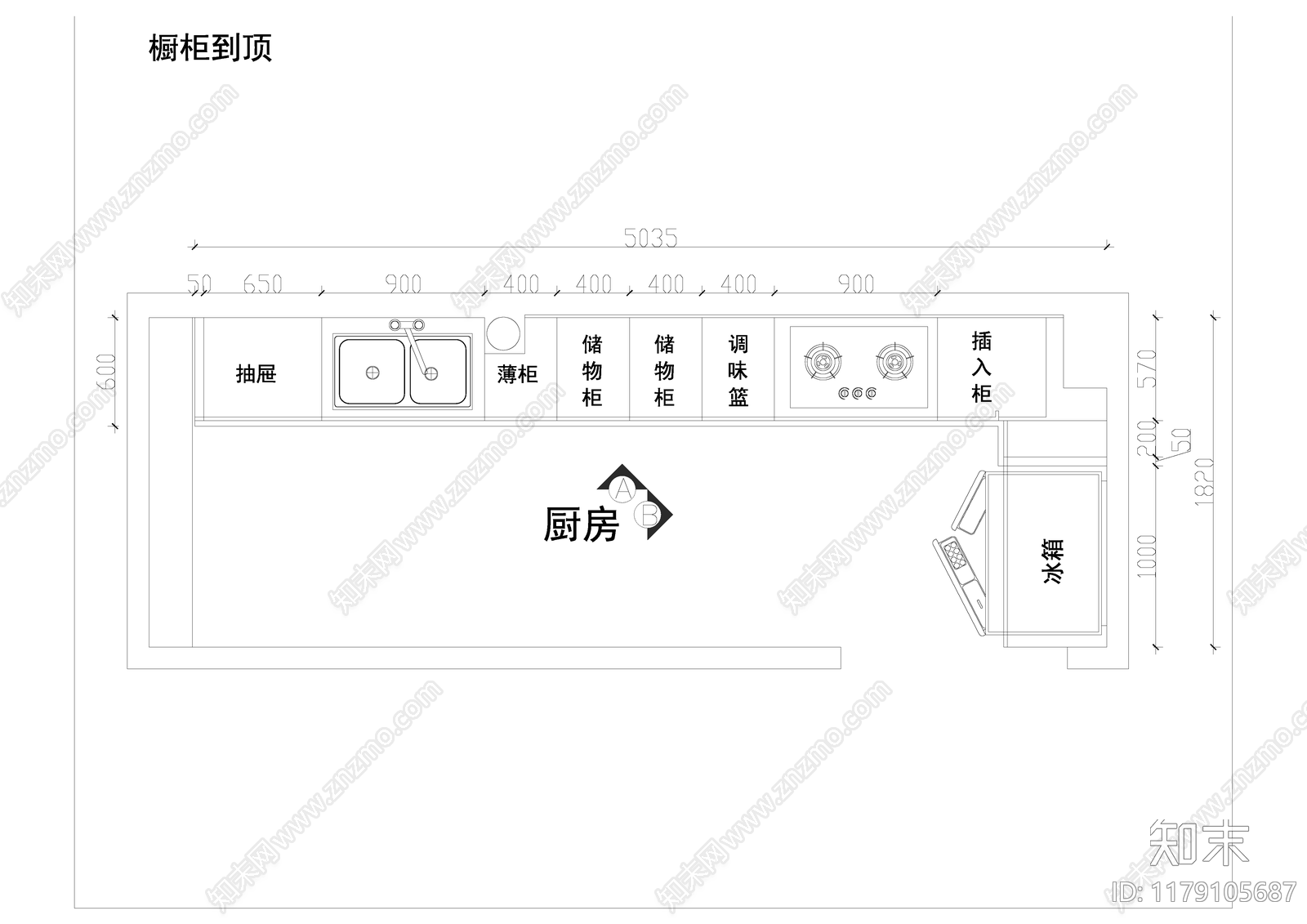 欧式厨房cad施工图下载【ID:1179105687】