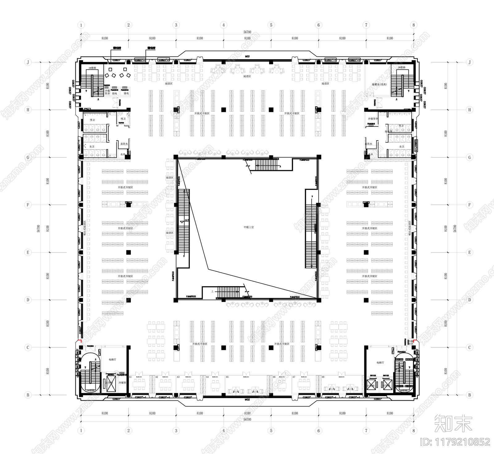 现代图书馆cad施工图下载【ID:1179210852】