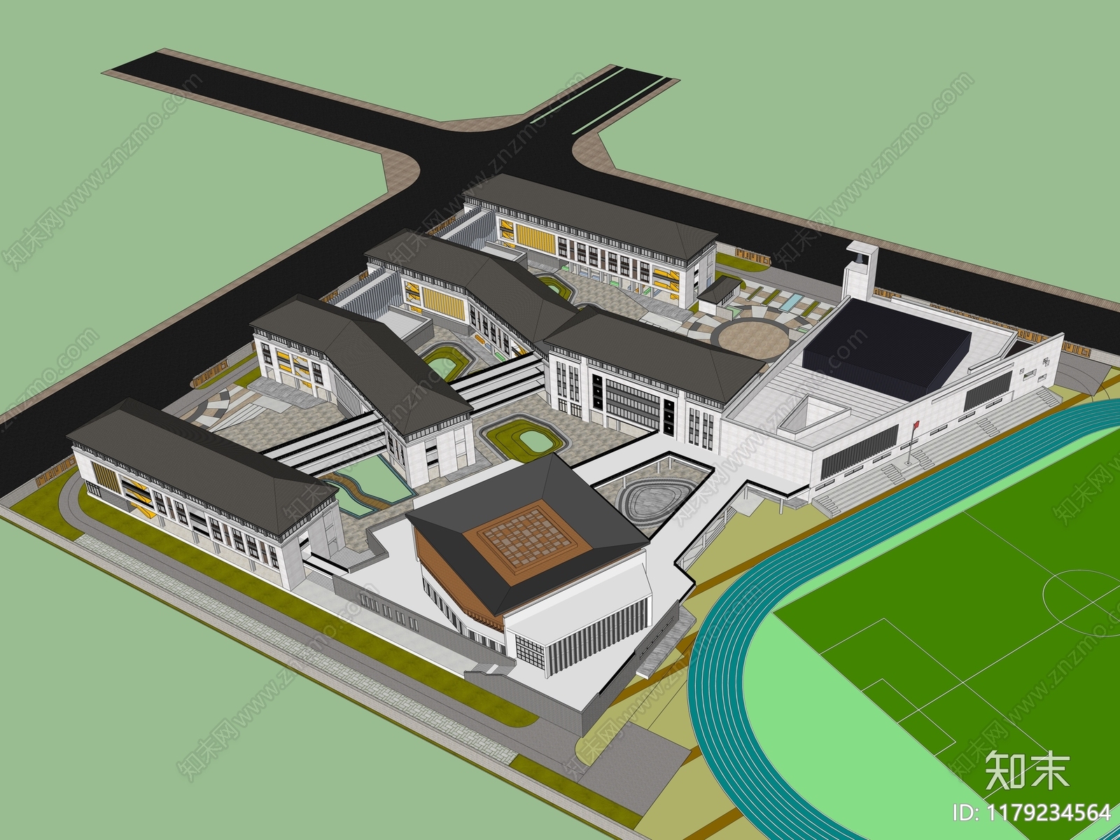 中式现代学校建筑SU模型下载【ID:1179234564】