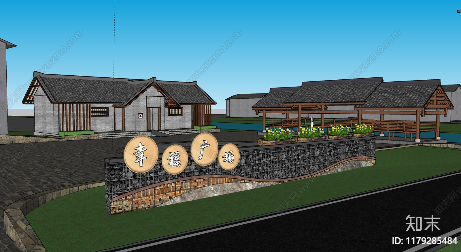 新中式广场景观SU模型下载【ID:1179285484】