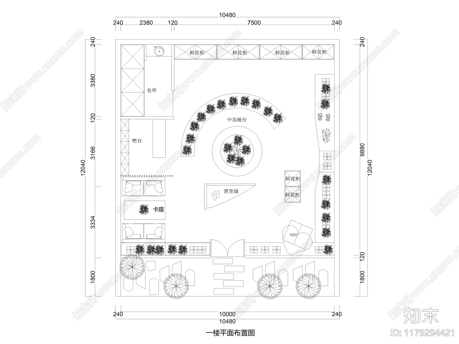 10套花店鲜花专卖店CAD平面布置图施工图下载【ID:1179294421】