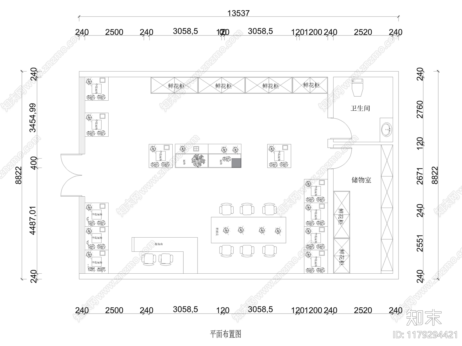 10套花店鲜花专卖店CAD平面布置图施工图下载【ID:1179294421】