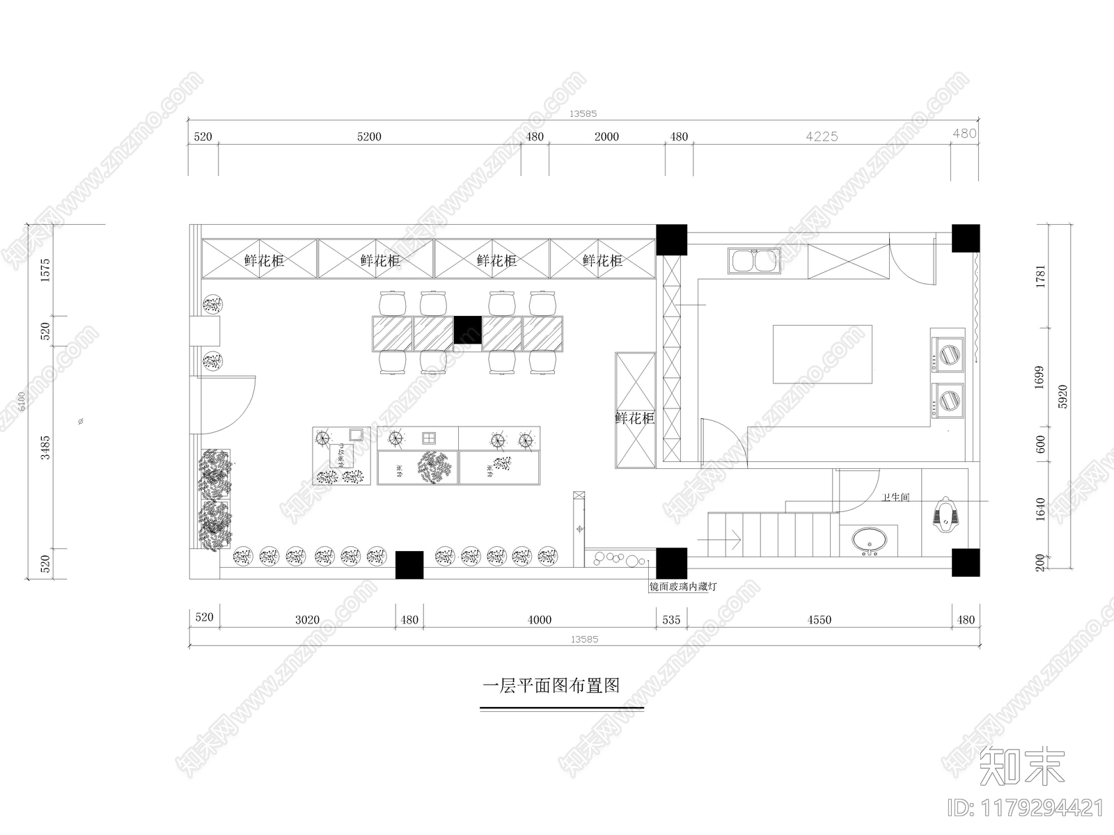 10套花店鲜花专卖店CAD平面布置图施工图下载【ID:1179294421】