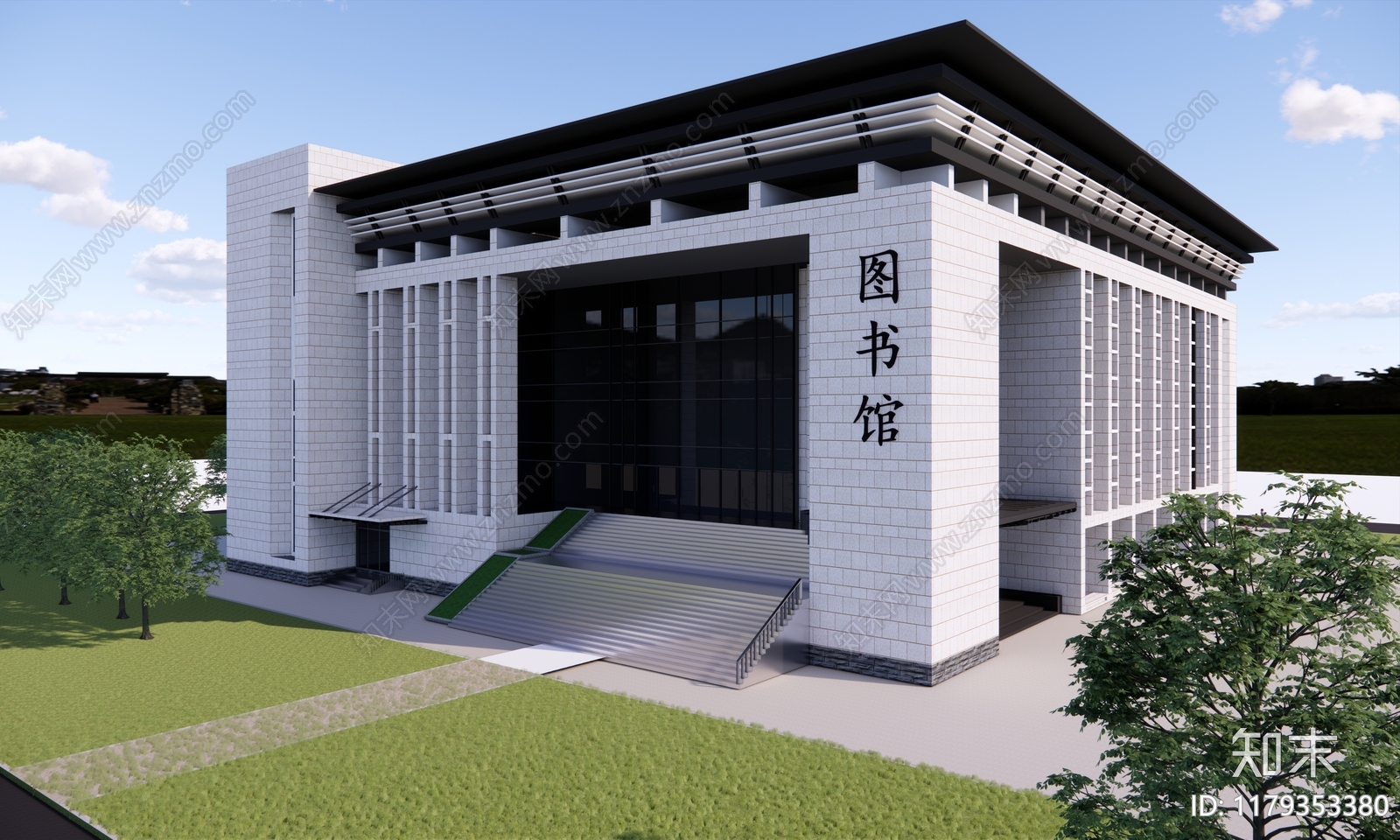 现代中式图书馆建筑SU模型下载【ID:1179353380】