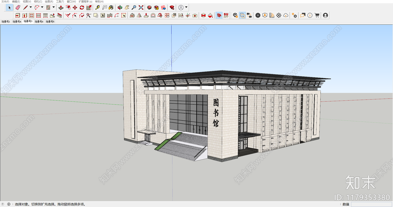 现代中式图书馆建筑SU模型下载【ID:1179353380】