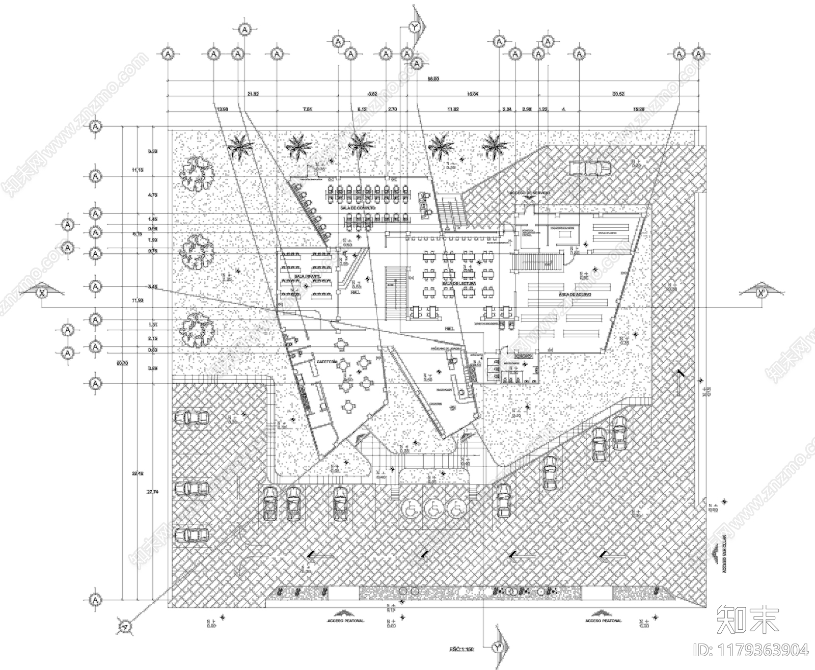 现代图书馆cad施工图下载【ID:1179363904】