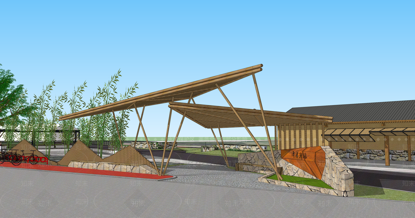 现代新中式广场景观SU模型下载【ID:1179374960】