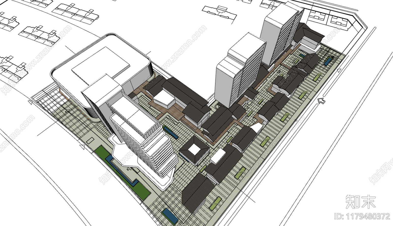 现代新中式商业街SU模型下载【ID:1179480372】