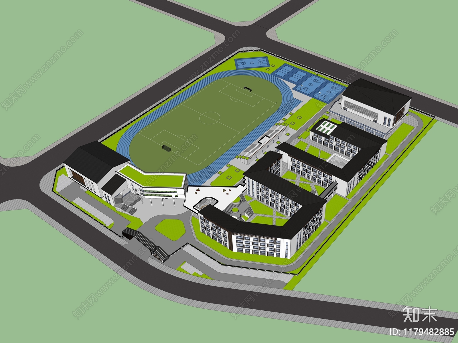 简约新中式学校建筑SU模型下载【ID:1179482885】