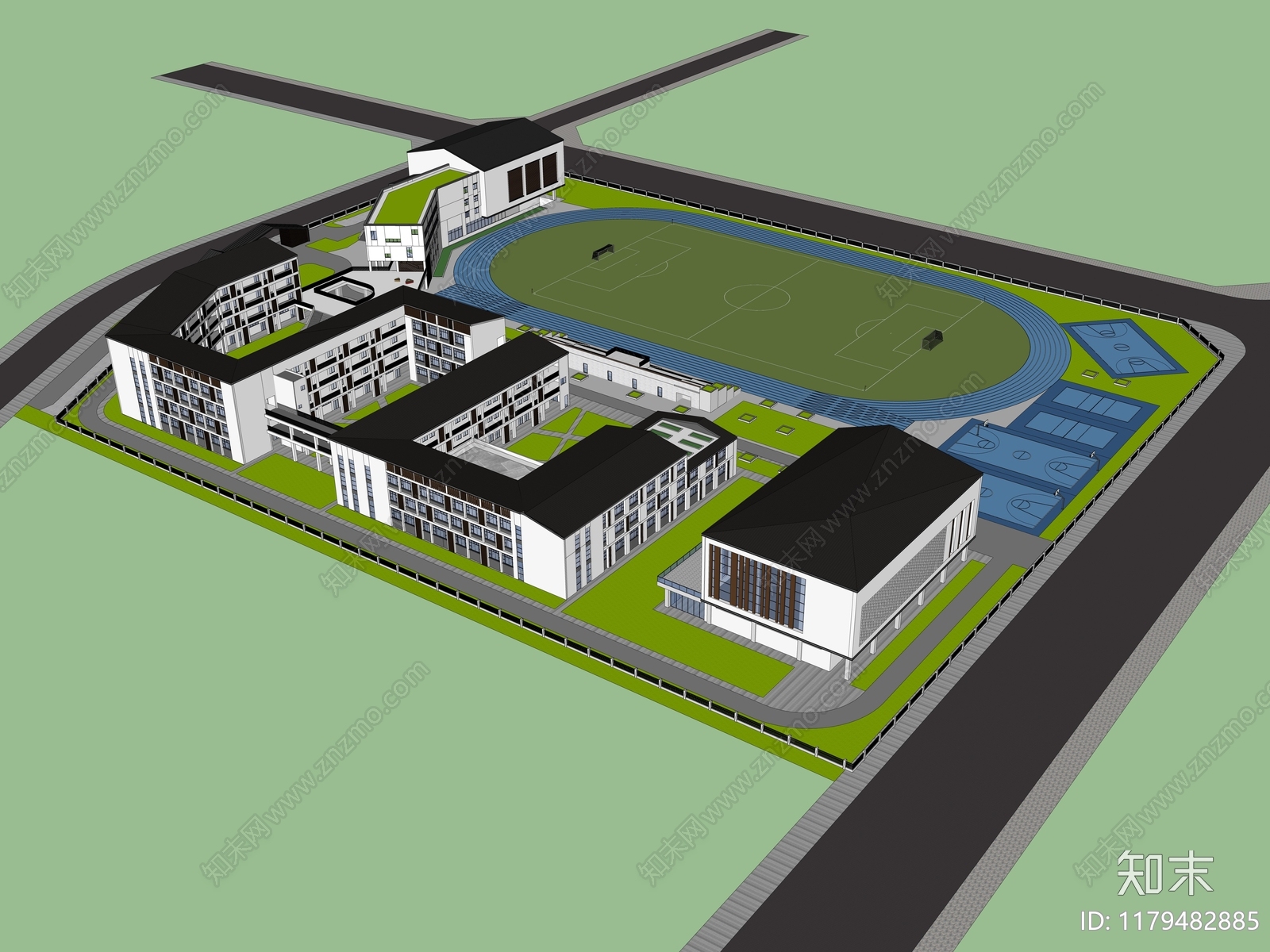 简约新中式学校建筑SU模型下载【ID:1179482885】