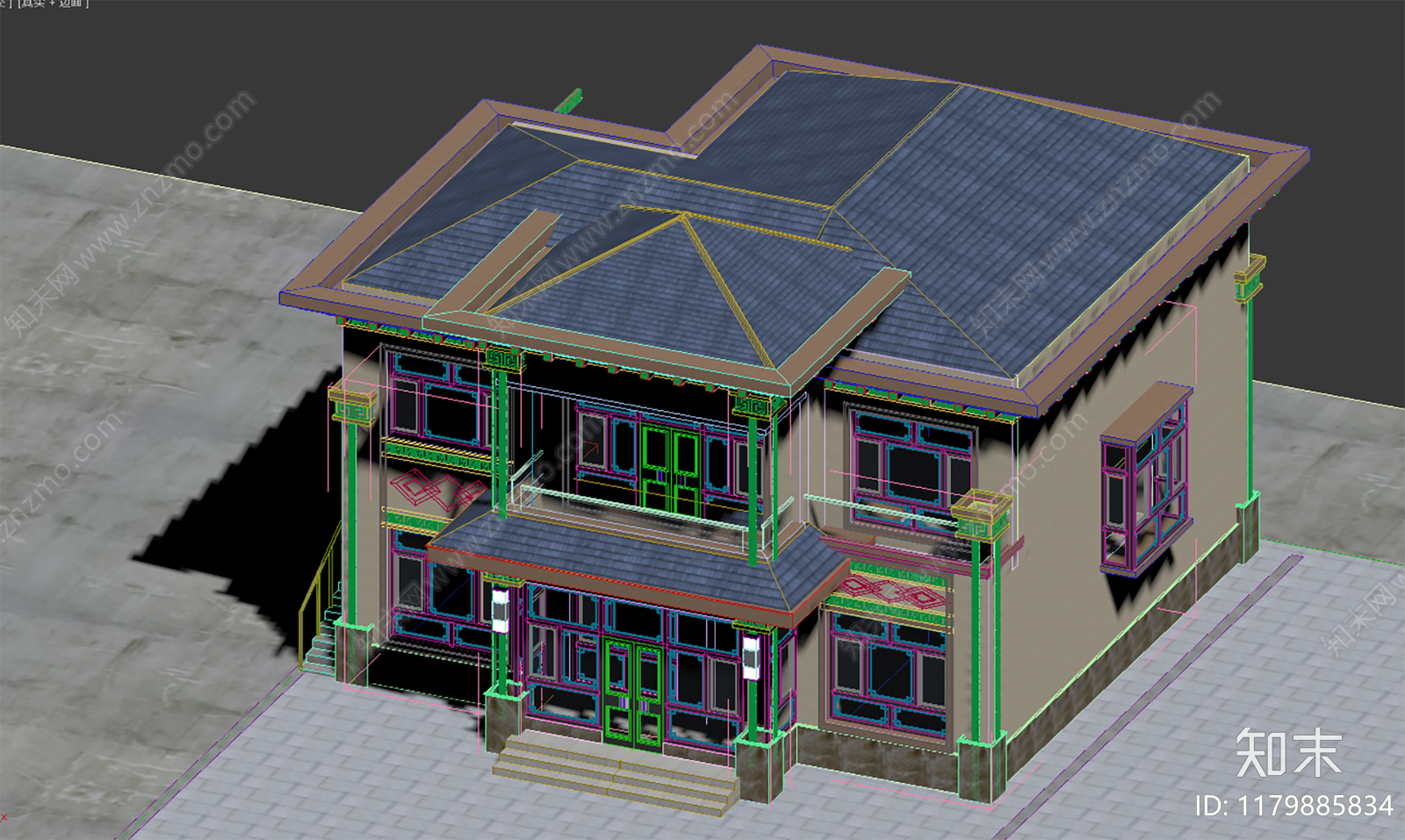 新中式别墅外观3D模型下载【ID:1179885834】