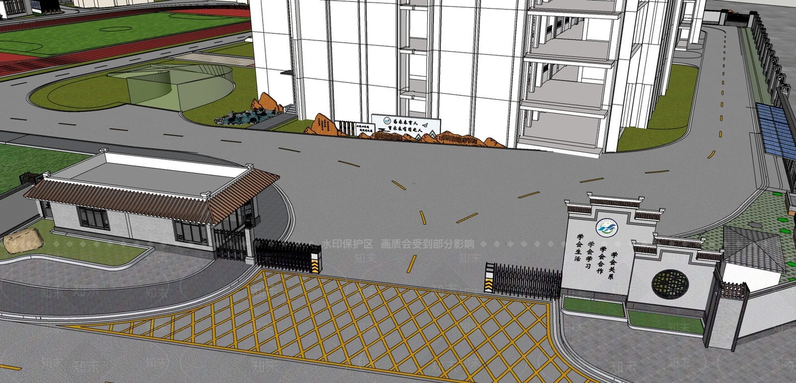 新中式学校建筑SU模型下载【ID:1179903177】