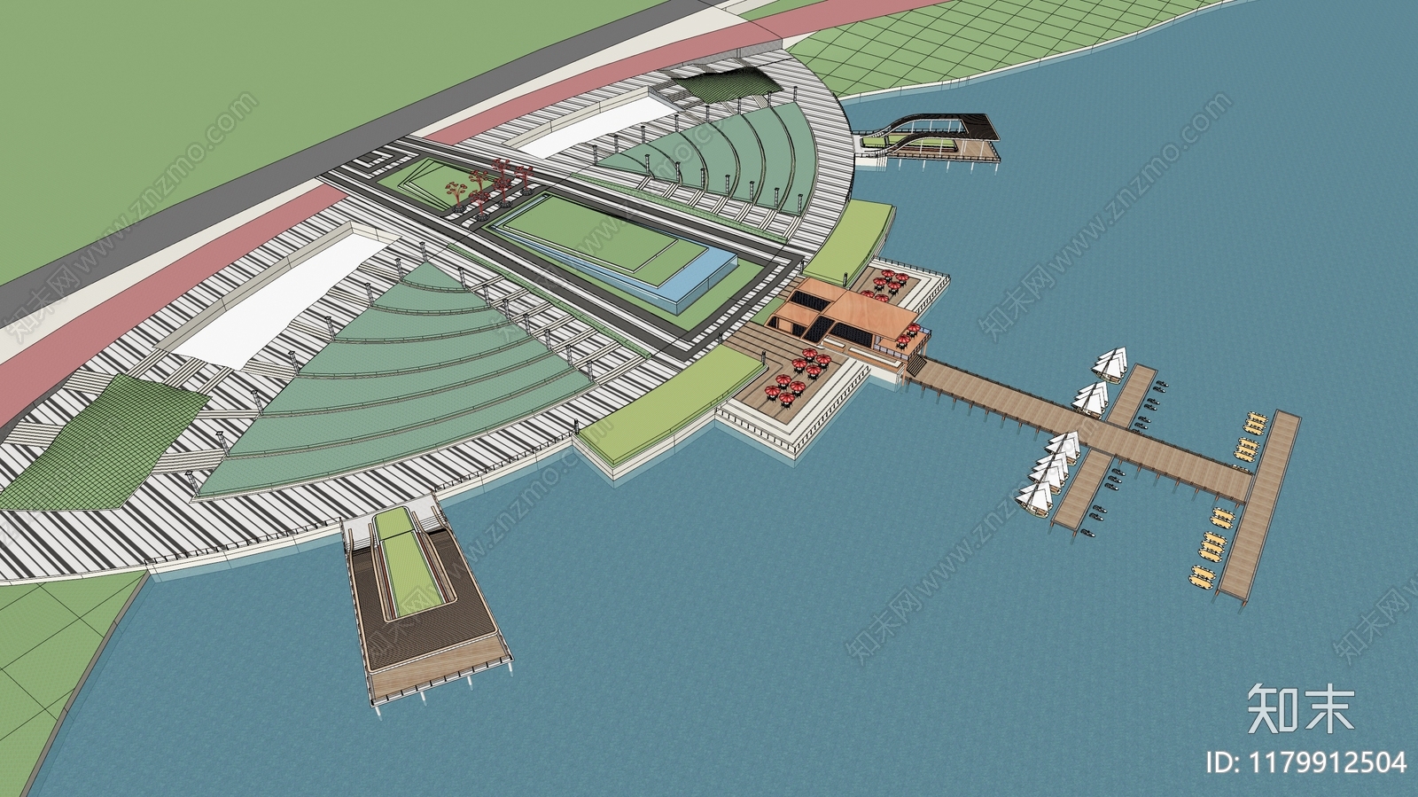 现代中式滨水景观SU模型下载【ID:1179912504】