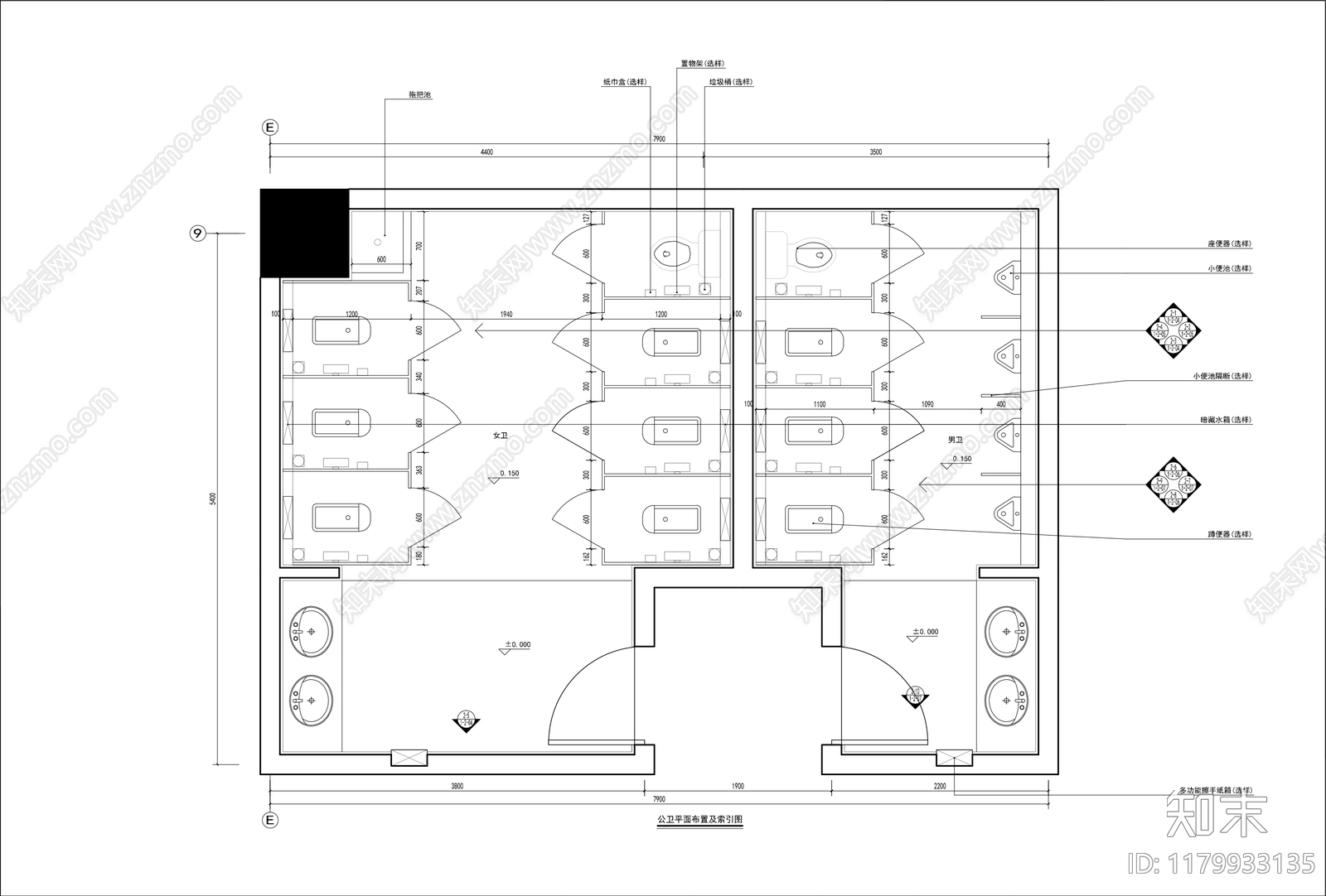 现代公共卫生间cad施工图下载【ID:1179933135】