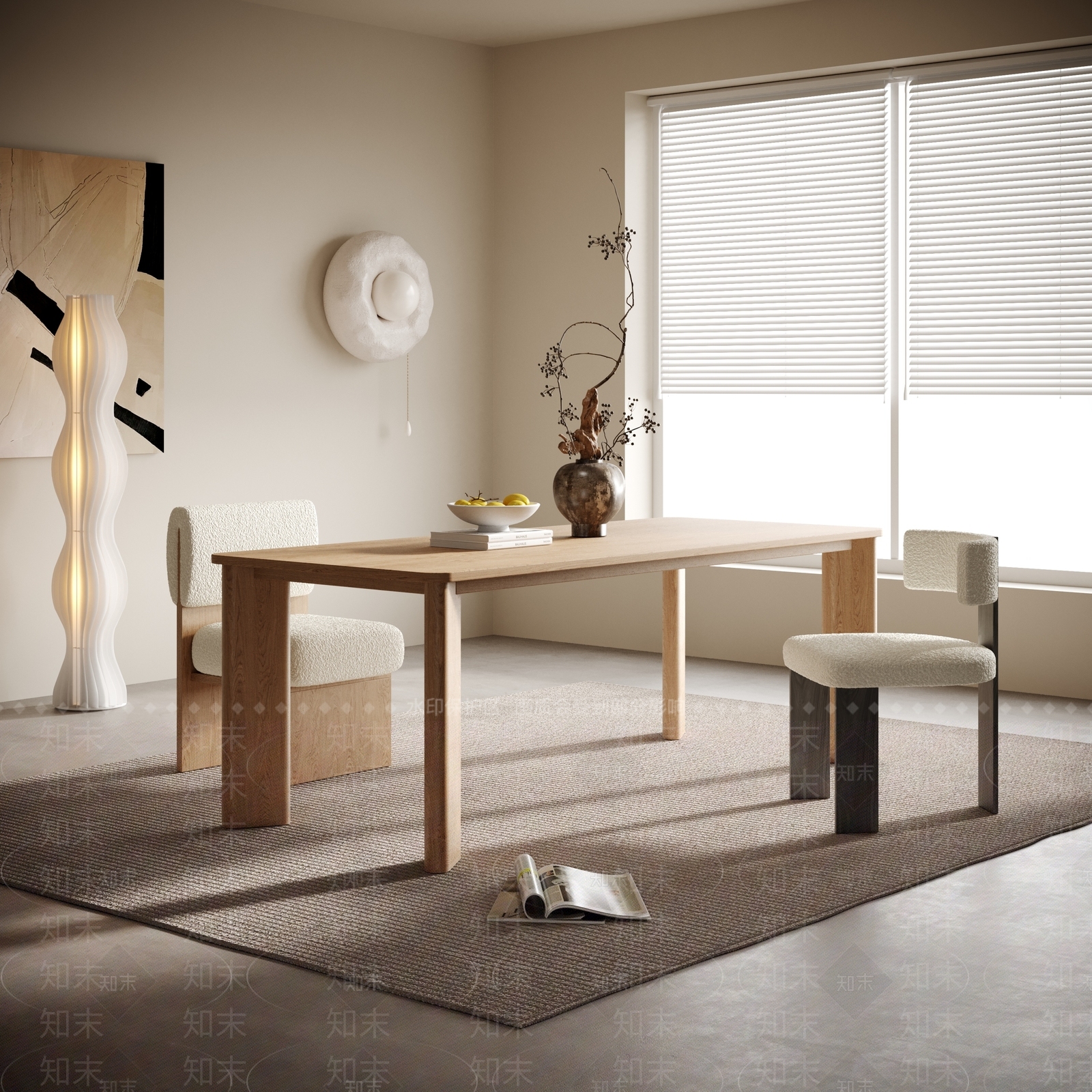 现代侘寂餐桌椅组合3D模型下载【ID:1179991378】