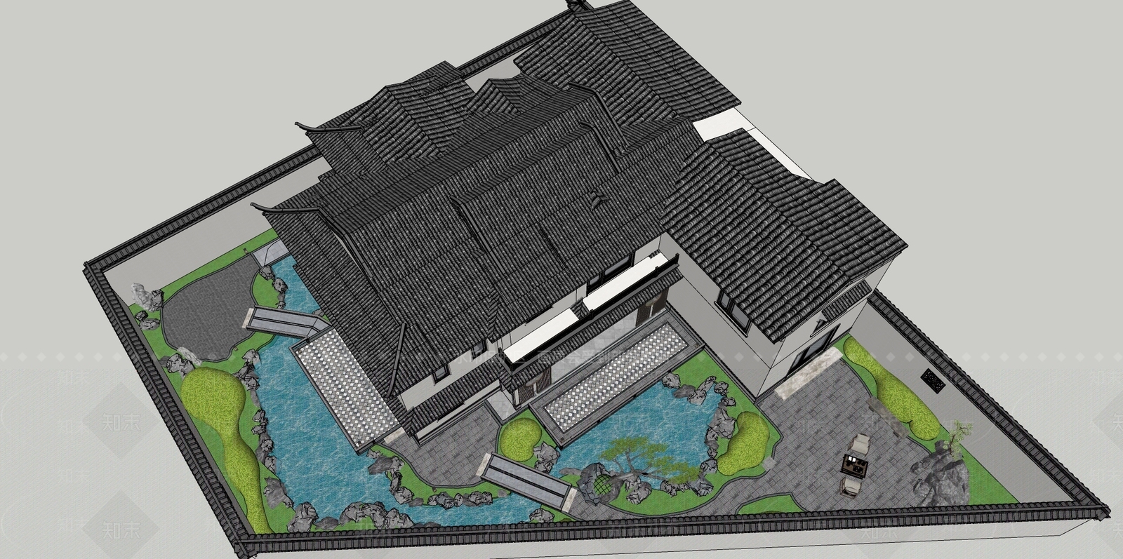中式复古别墅庭院SU模型下载【ID:1180011125】