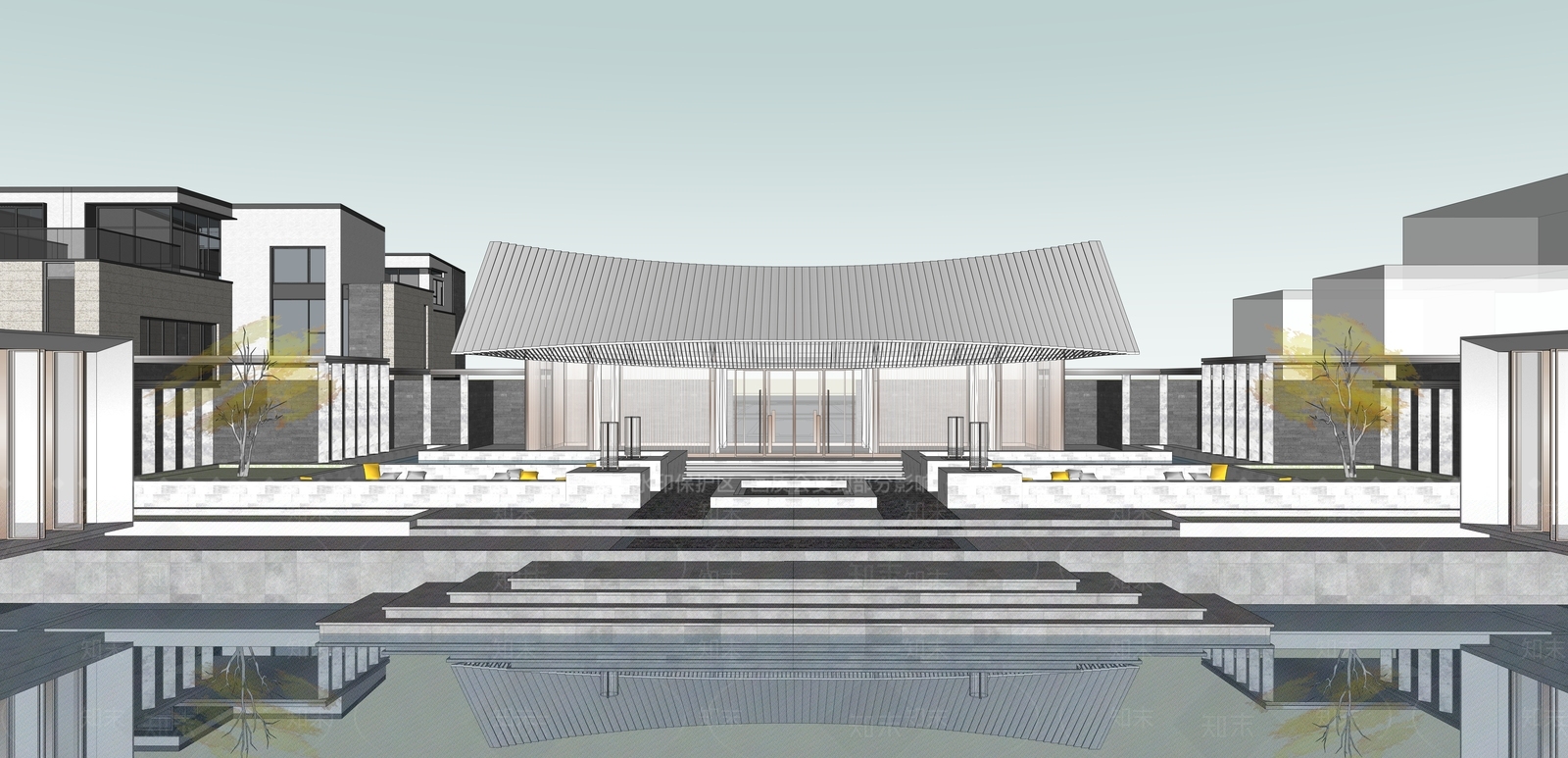 现代新中式小区建筑SU模型下载【ID:1180015631】
