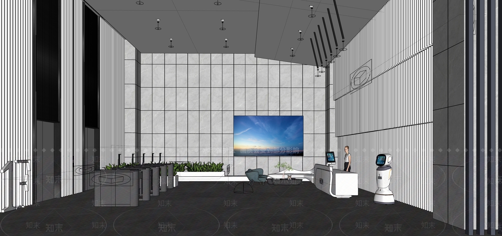 现代办公大堂SU模型下载【ID:1180046614】