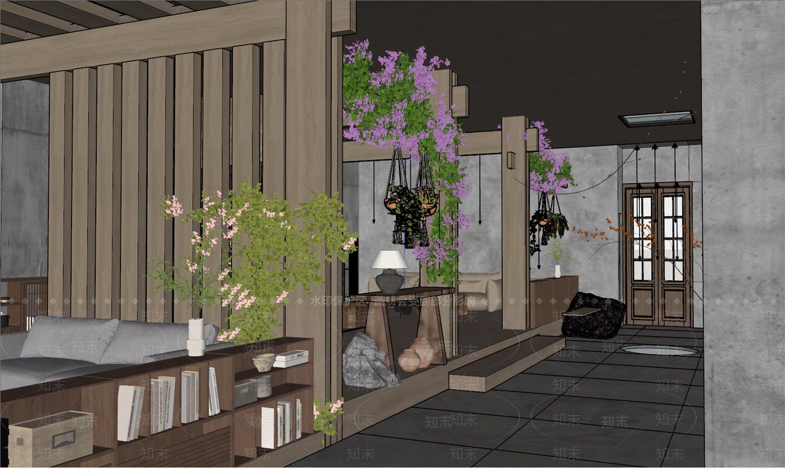 原木侘寂民宿大堂SU模型下载【ID:1180048087】
