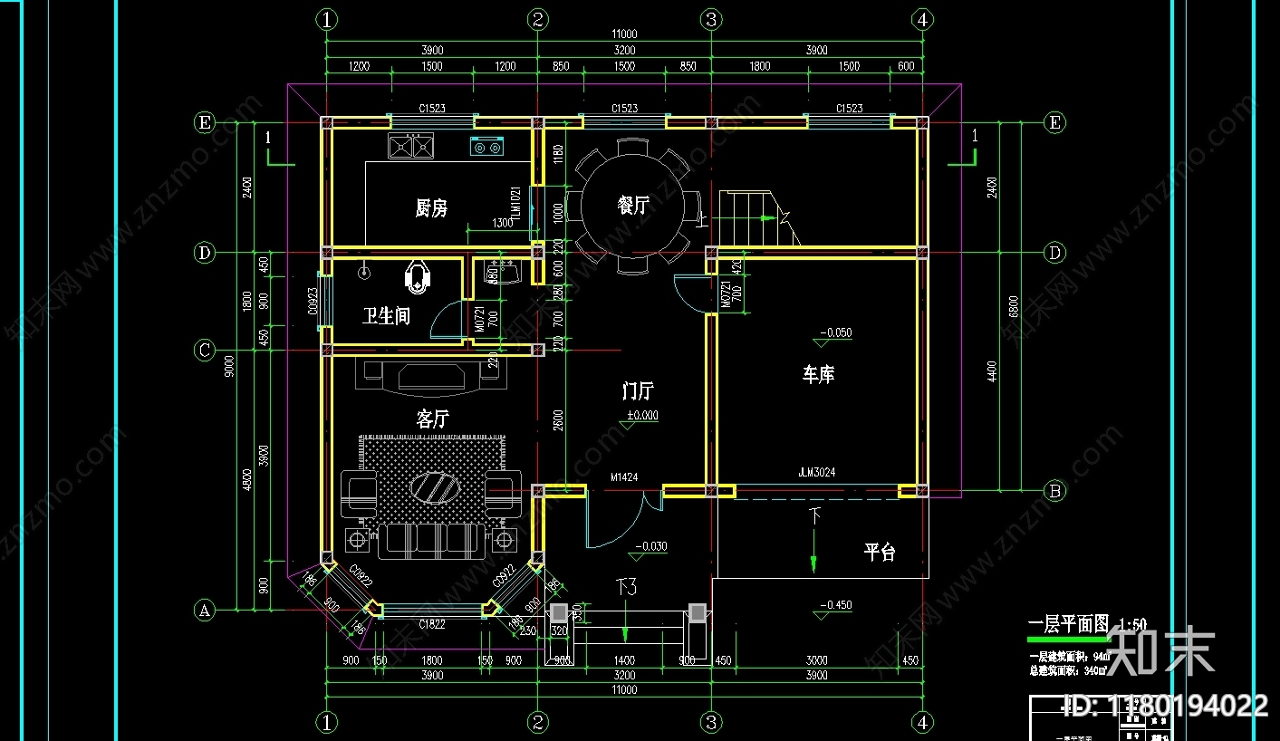 别墅建筑cad施工图下载【ID:1180194022】