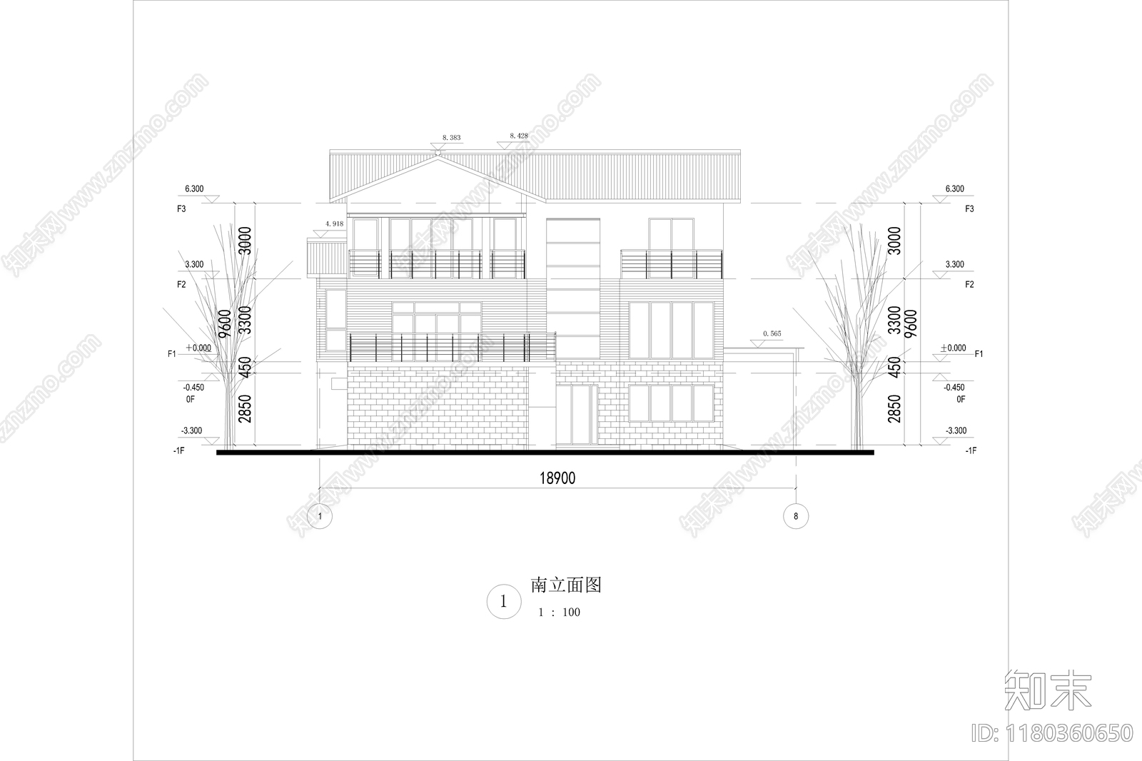 现代简约别墅建筑施工图下载【ID:1180360650】