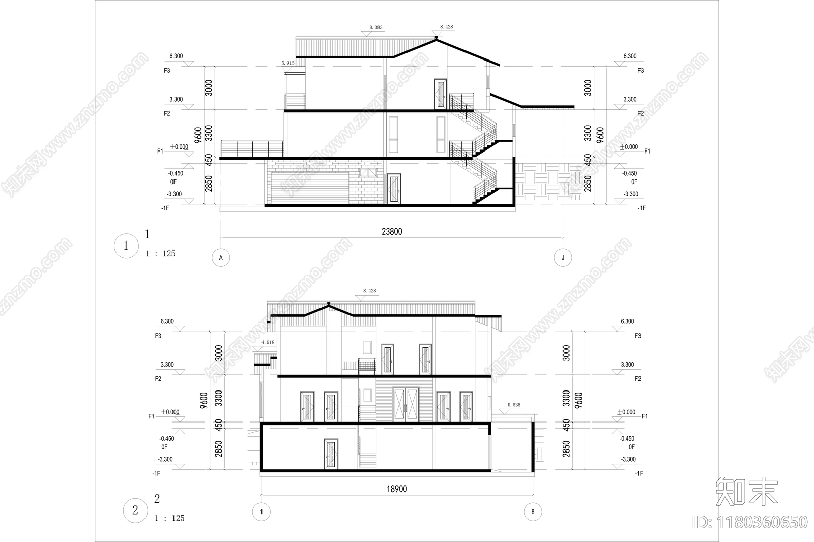 现代简约别墅建筑施工图下载【ID:1180360650】