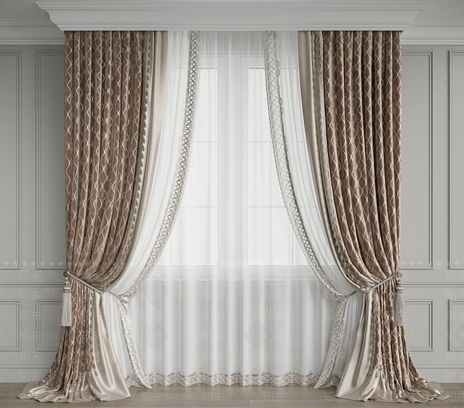 美式欧式通用窗帘3D模型下载【ID:1180373740】