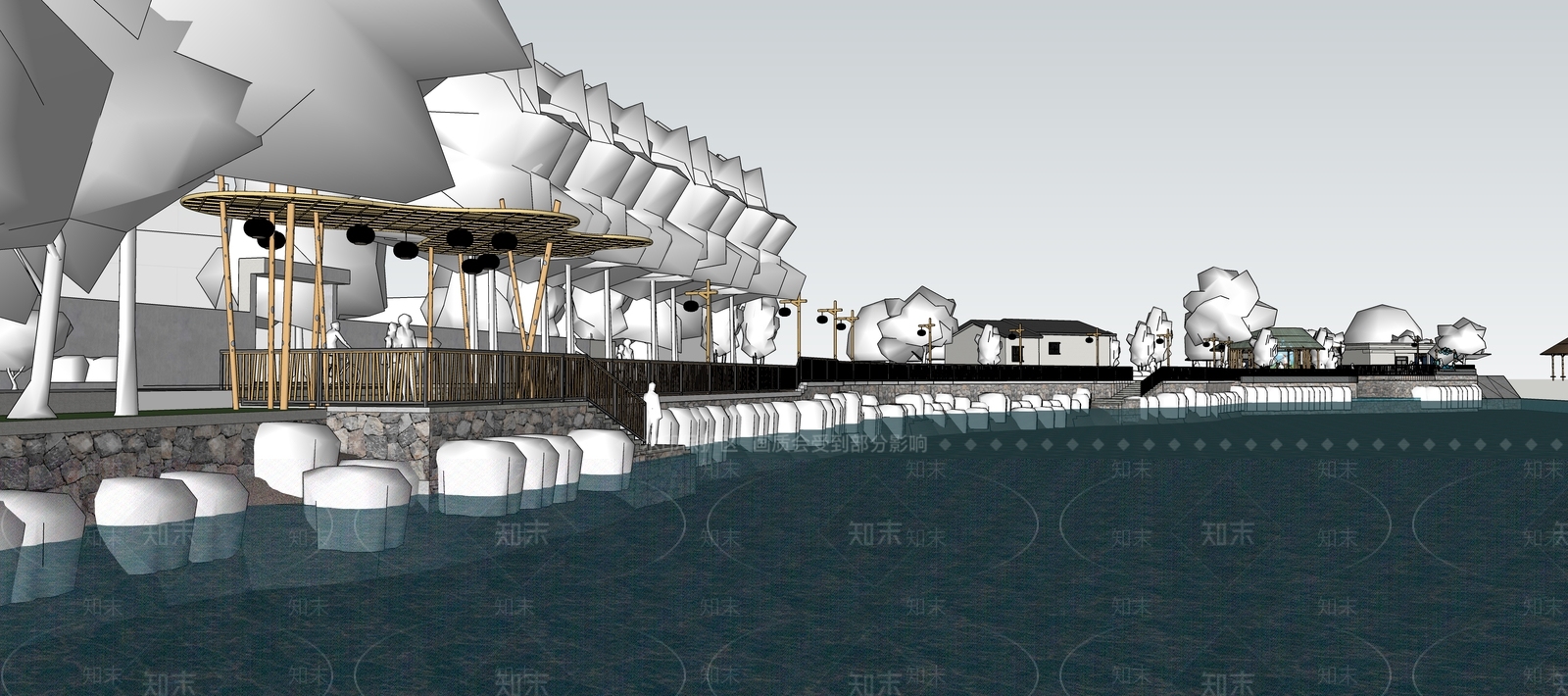 现代滨水景观SU模型下载【ID:1180399872】