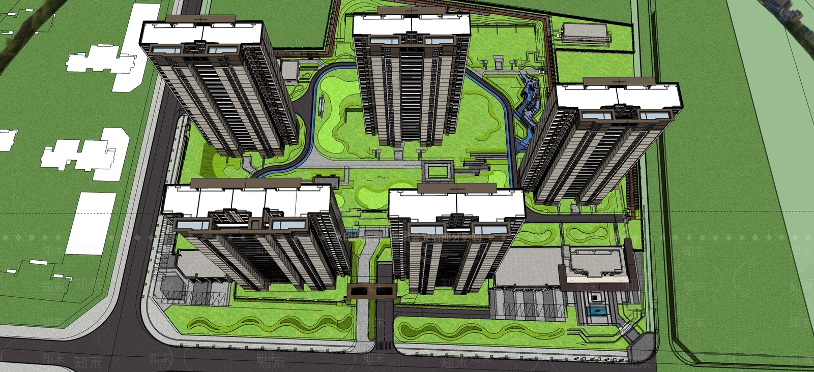 现代新中式小区景观SU模型下载【ID:1180464854】