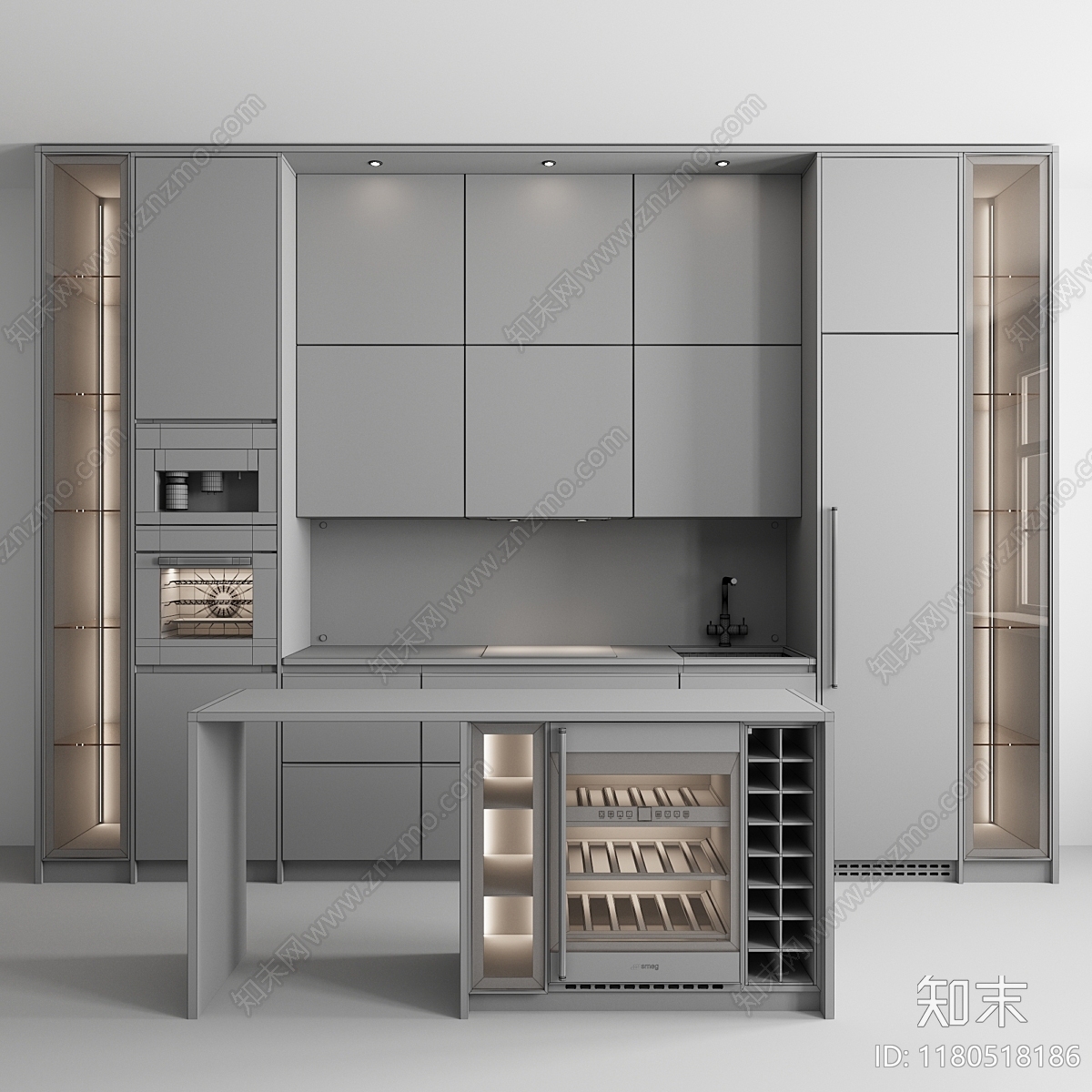 现代厨房橱柜中岛吧台3D模型下载【ID:1180518186】