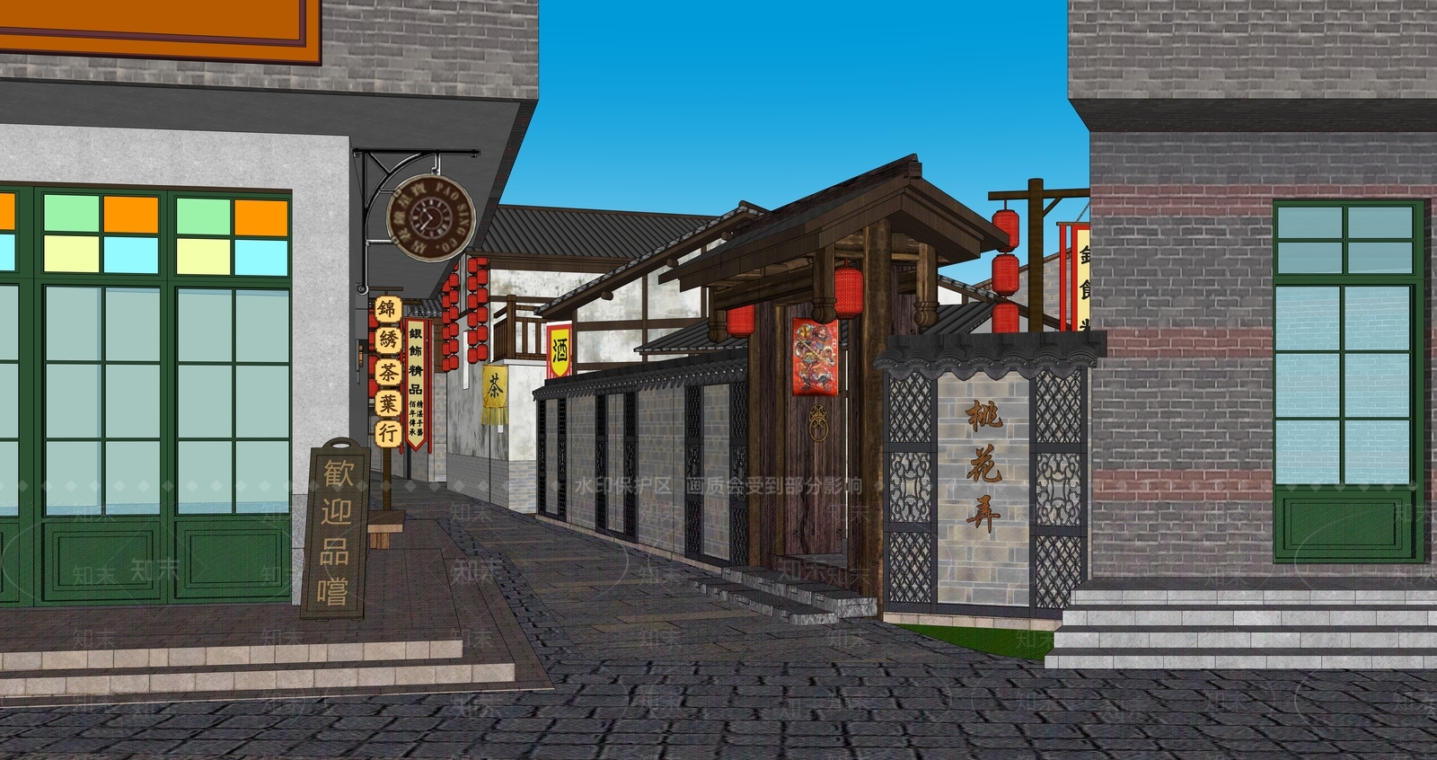 新中式商业街SU模型下载【ID:1180525138】