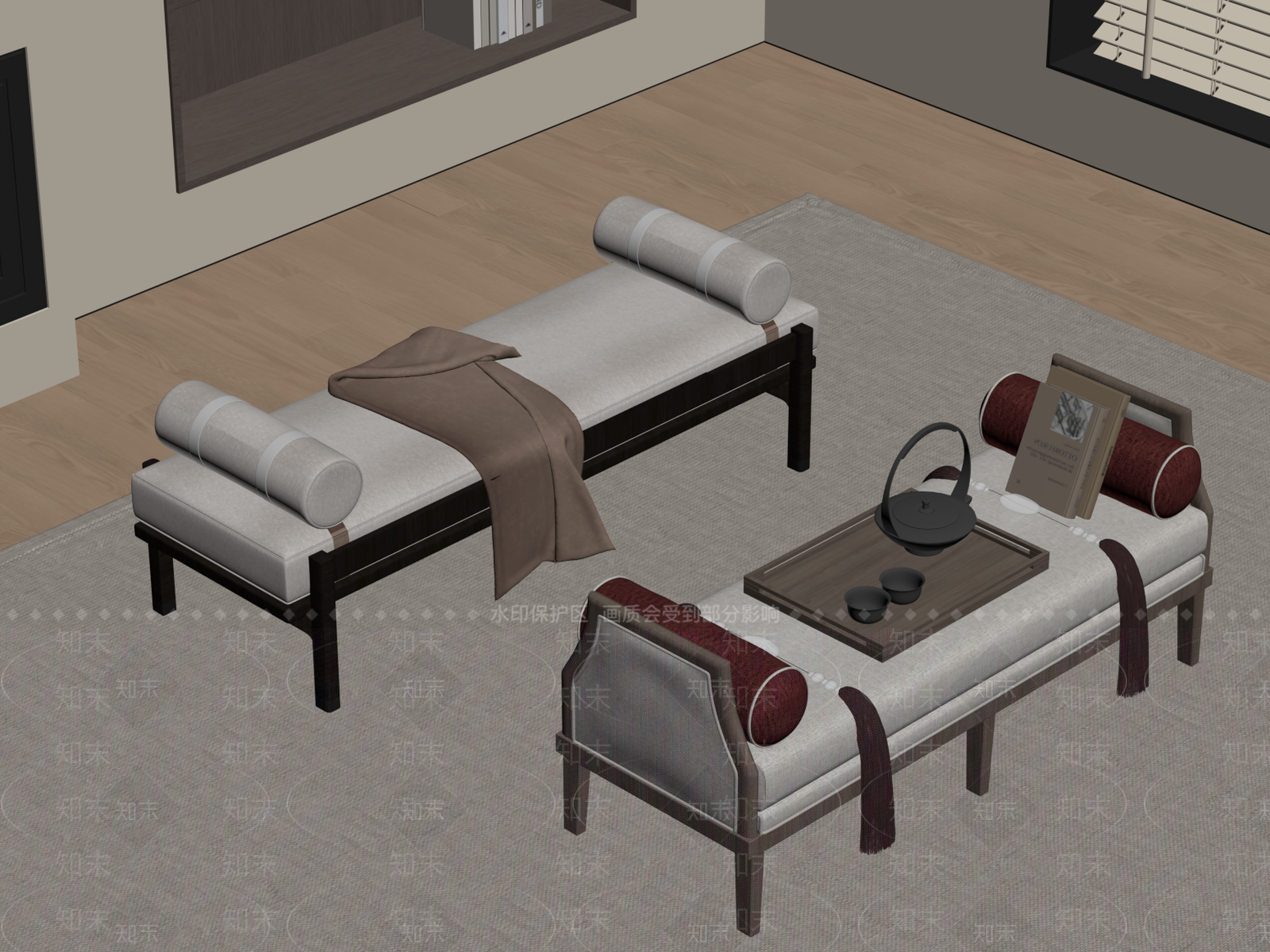 新中式床尾凳SU模型下载【ID:1180570296】