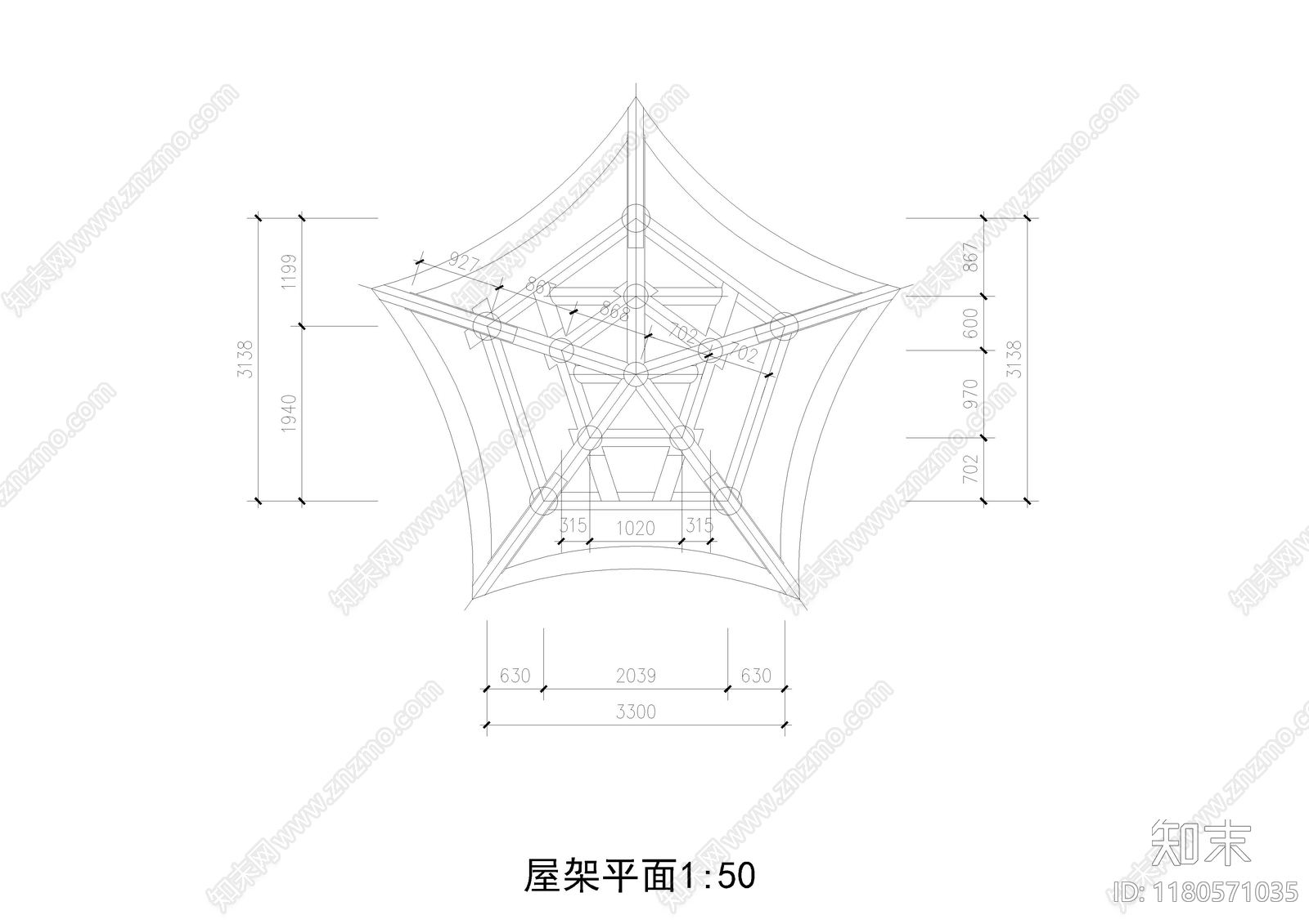 中式新中式亭子施工图下载【ID:1180571035】