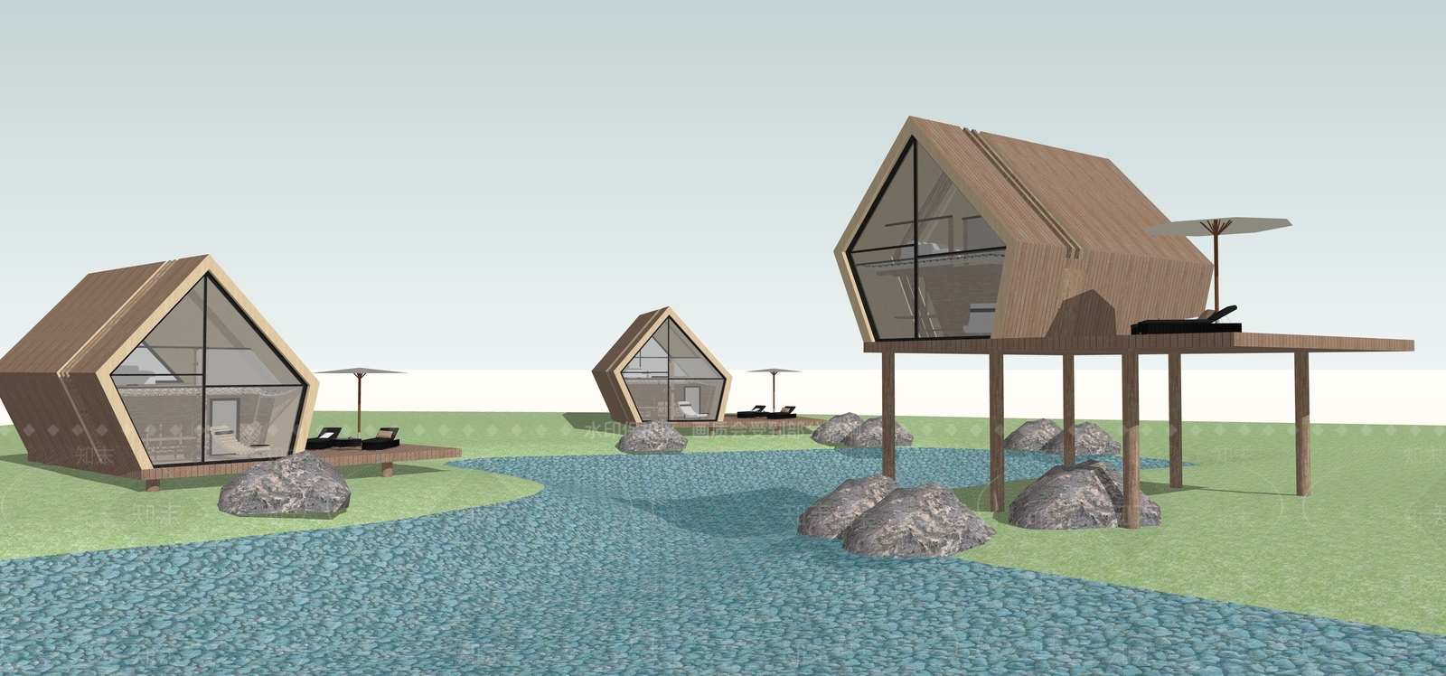 现代滨水景观SU模型下载【ID:1180596714】