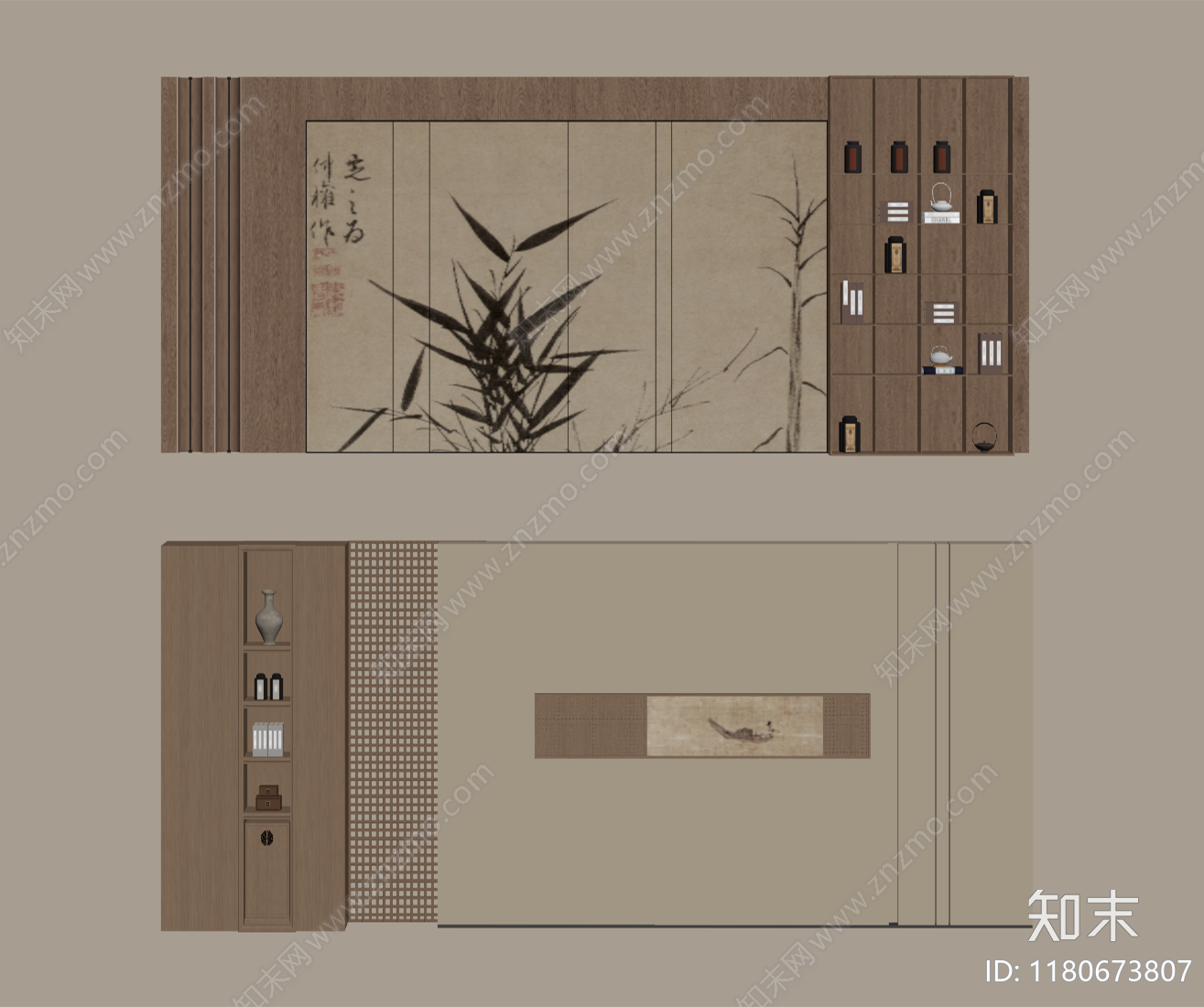 新中式背景墙SU模型下载【ID:1180673807】