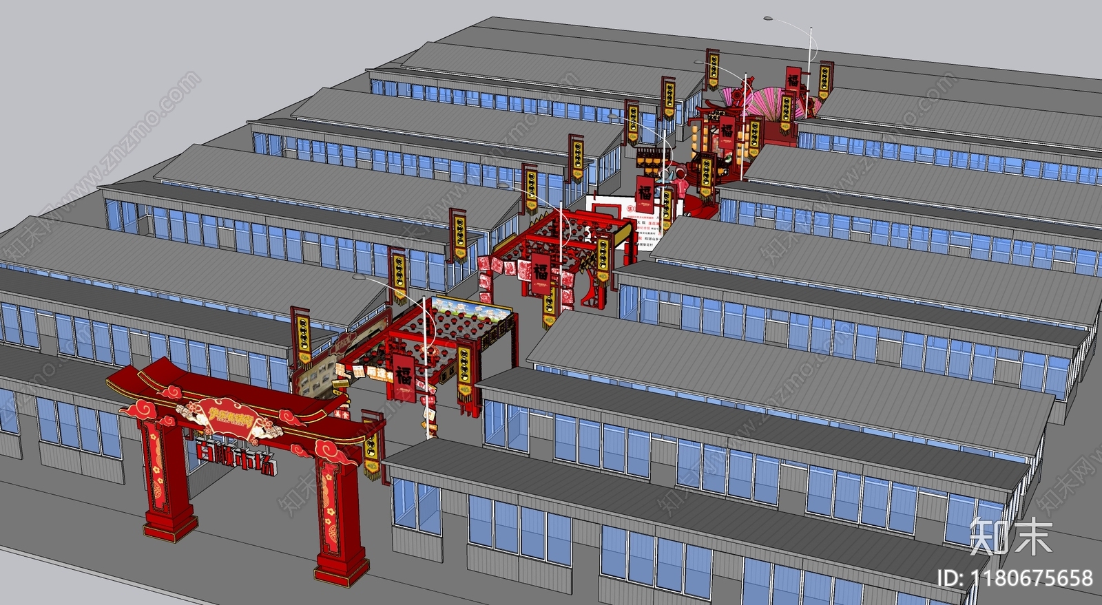 现代中式农贸市场SU模型下载【ID:1180675658】