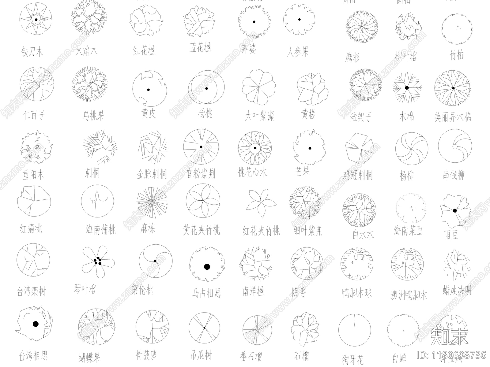 2025年最新园林景观植物乔木灌木绿植平面CAD图库施工图下载【ID:1180698736】