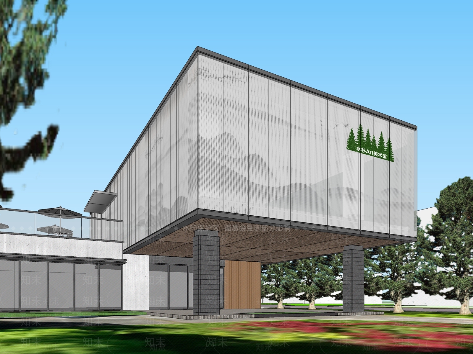 现代展览馆建筑SU模型下载【ID:1180750139】