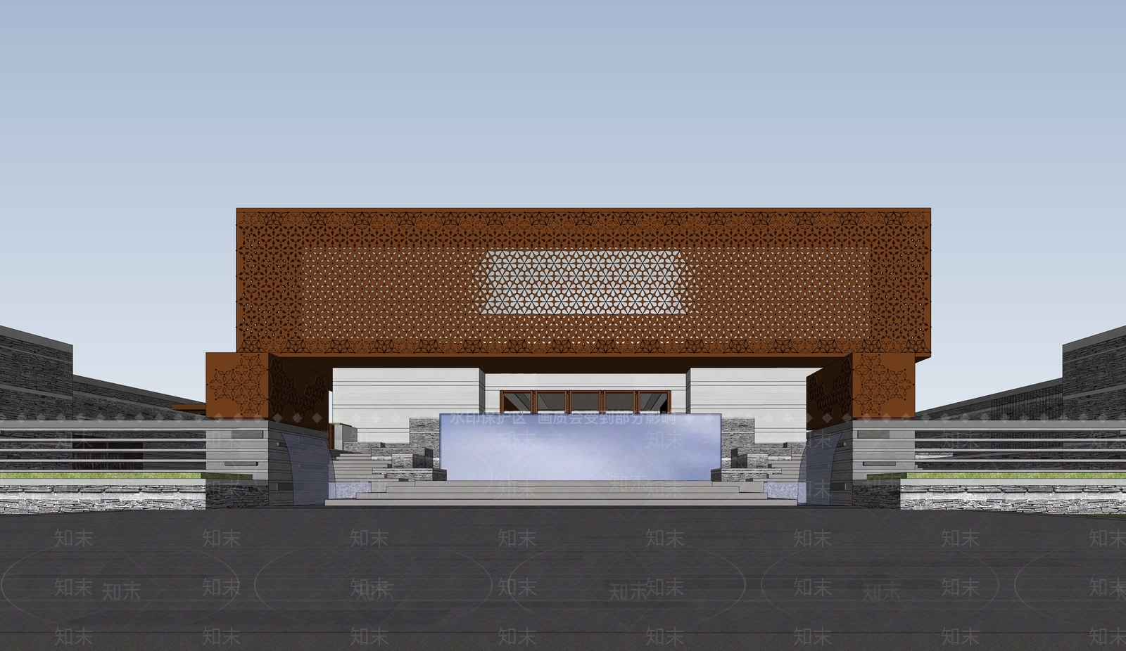现代新中式展览馆建筑SU模型下载【ID:1180761806】