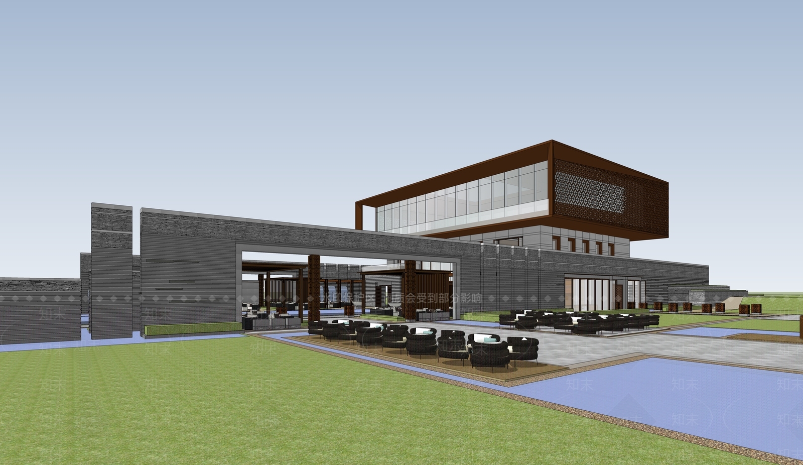 现代新中式展览馆建筑SU模型下载【ID:1180761806】
