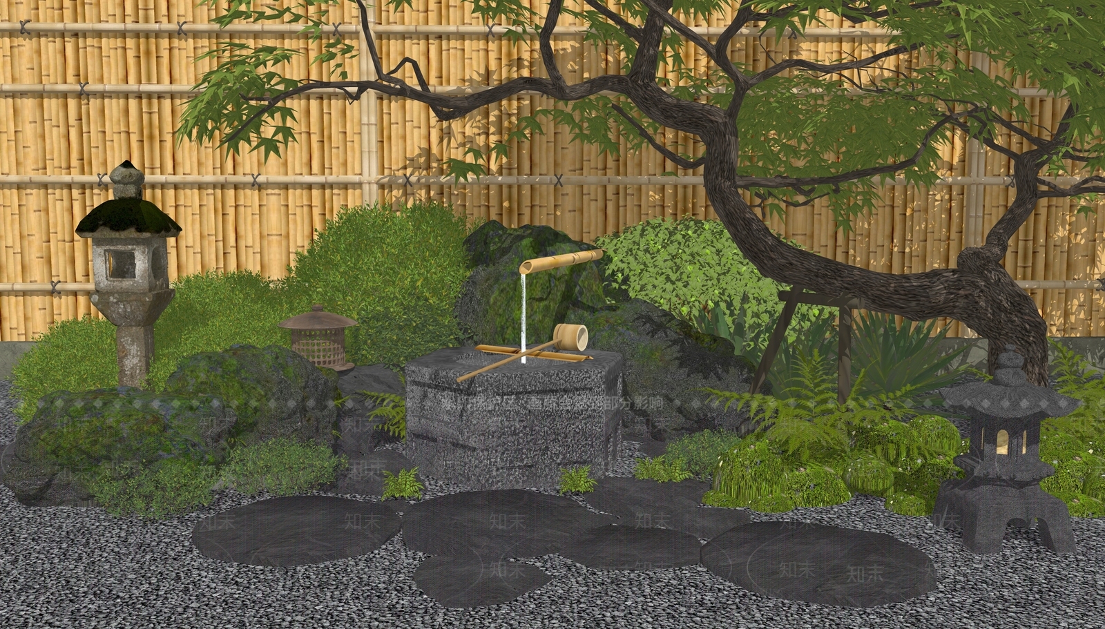 日式新中式水景SU模型下载【ID:1180898822】